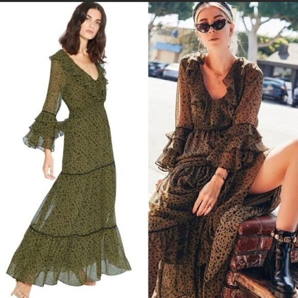 Misa Los Angeles Dresses & Skirts - Misa Los Angeles Mavistela Dress XS Green Black Dot Ruffled